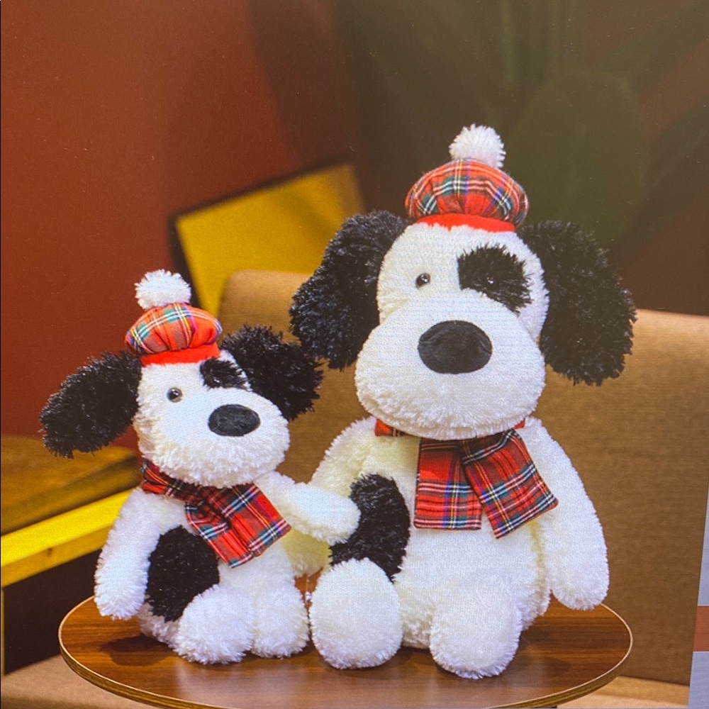 Plaid Hat Dog Plush Toy Set - Black and White